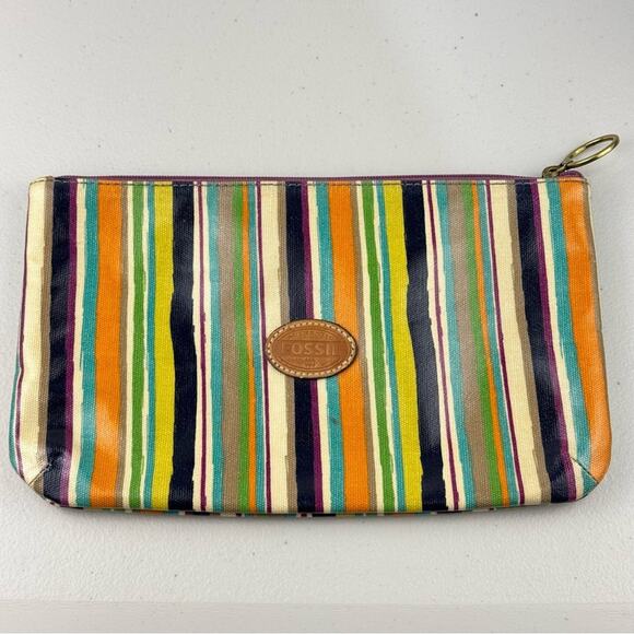 Fossil Multicolor Stripe Coated Canvas Pouch Women's Clutch Coastal Cowgirl Boho - Picture 1 of 6